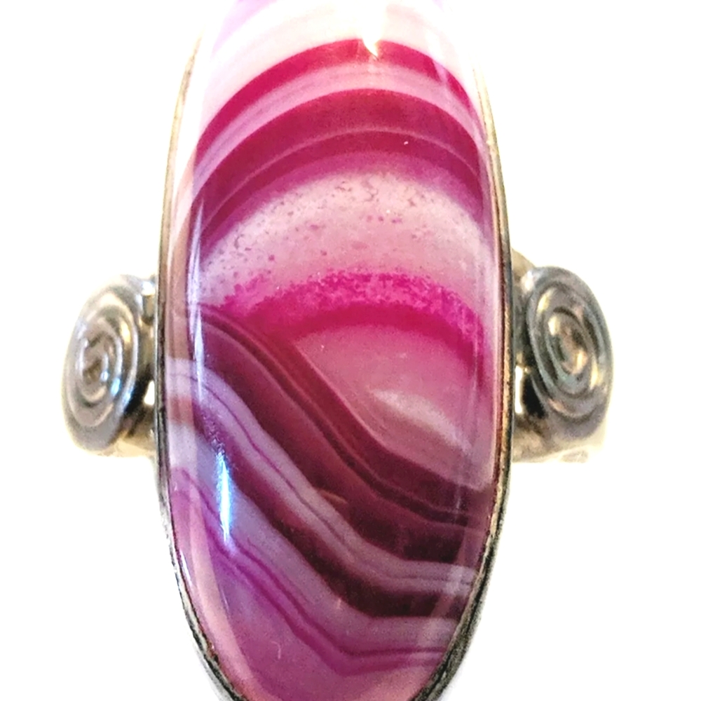 Elongated Hot Pink Fuchsia Banded Botswana Agate Gemstone 925 Silver Ring
